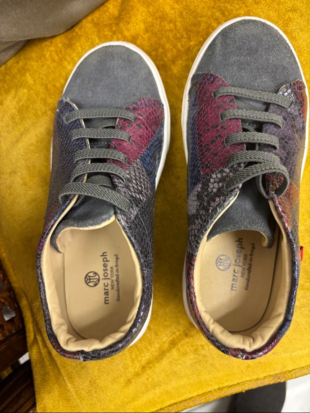 Marc Joseph Gray Suede & Burgundy-Blue Snake-Embossed Sneakers